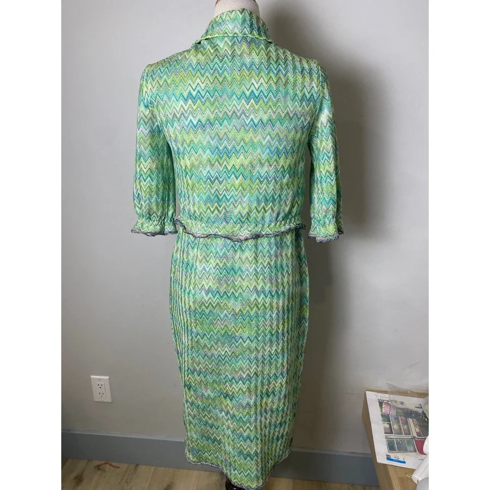 Vintage 70s Handmade Green Chevron Zigzag Knit Dress and Jacket Set Metallic